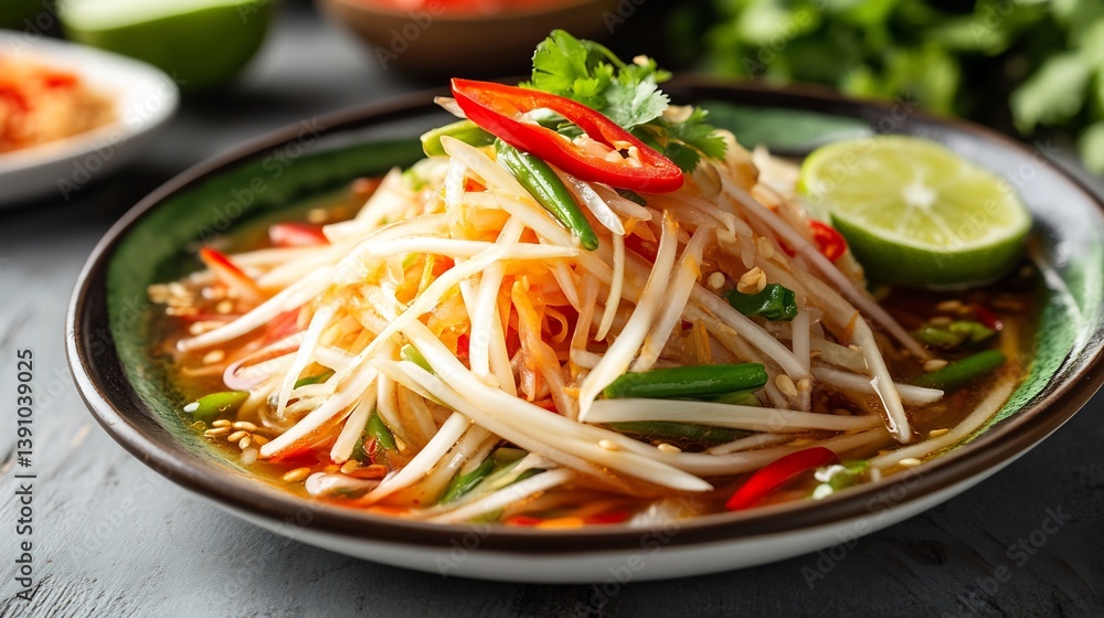 Fresh plate of Som Tam from Thailand with shredded green papaya zesty lime and chili captured in a vibrant high resolution traditional culinary art style Fresh plate of Som Tam from Thailand with shredded green papaya zesty lime and chili captured in a vibrant high resolution traditional culinary art style