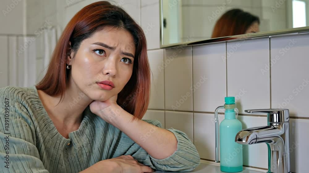 Woman with thoughtful expression in bathroom, contemplating life decisions at home in the afternoon light Woman with thoughtful expression in bathroom, contemplating life decisions at home in the afternoon light