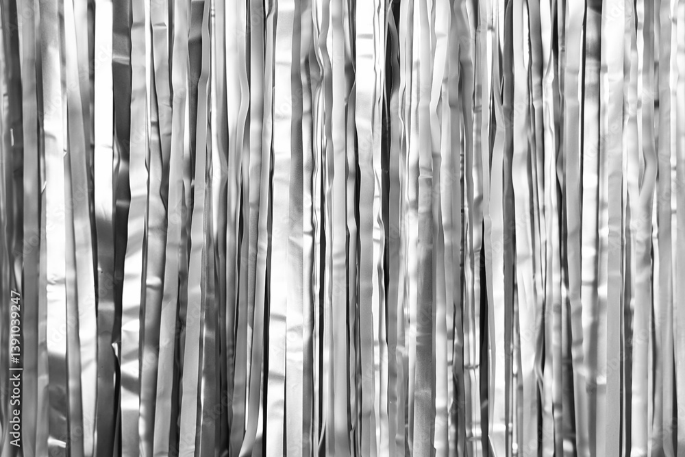 Fototapeta premium Shiny silver foil curtain as background, closeup
