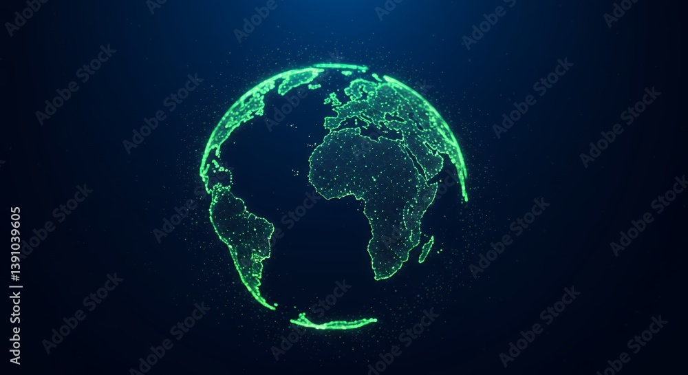 Digital Earth Globe Spinning with Green Dots Representing Global Connectivity and Technology Innovation on Dark Blue Background Digital Earth Globe Spinning with Green Dots Representing Global Connectivity and Technology Innovation on Dark Blue Background