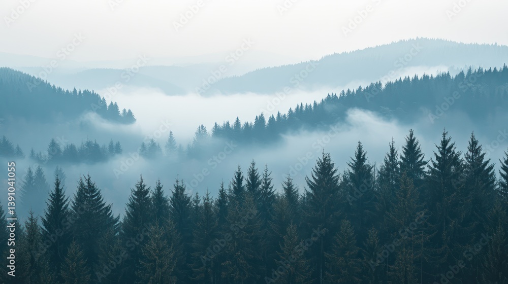 Misty mountain forest panorama; fog rolling through evergreen trees; scenic nature background for travel brochure Misty mountain forest panorama; fog rolling through evergreen trees; scenic nature background for travel brochure