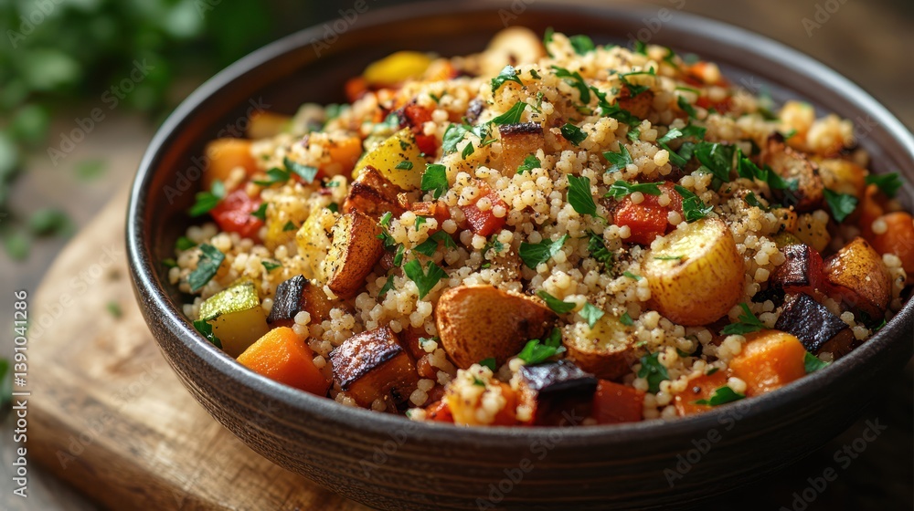 Roasted Vegetable Couscous Bowl, autumnal setting, rustic kitchen, healthy meal Roasted Vegetable Couscous Bowl, autumnal setting, rustic kitchen, healthy meal