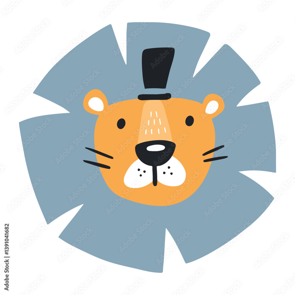 Hand drawn vector illustration of a cute funny lion face. Isolated objects. Scandinavian style flat design. Concept for children print. Vector illustration