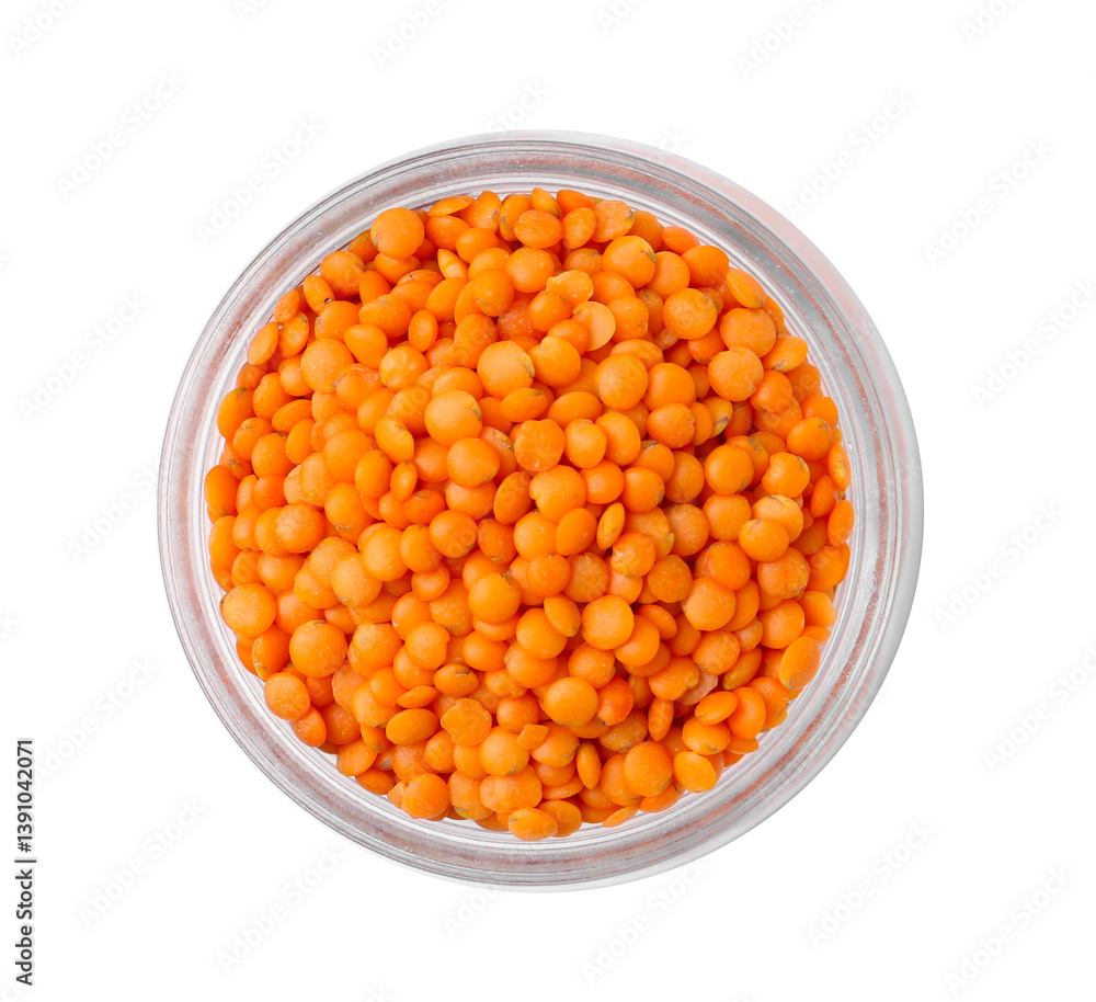 Raw lentils in glass jar isolated on white, top view Raw lentils in glass jar isolated on white, top view
