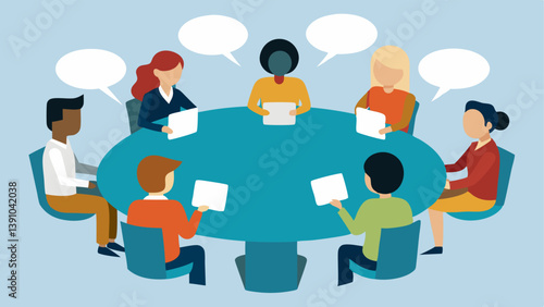 Diverse Opinions A group of individuals sitting at a round table with speech bubbles showing conflicting opinions derived from different news sources stressing the impact of media