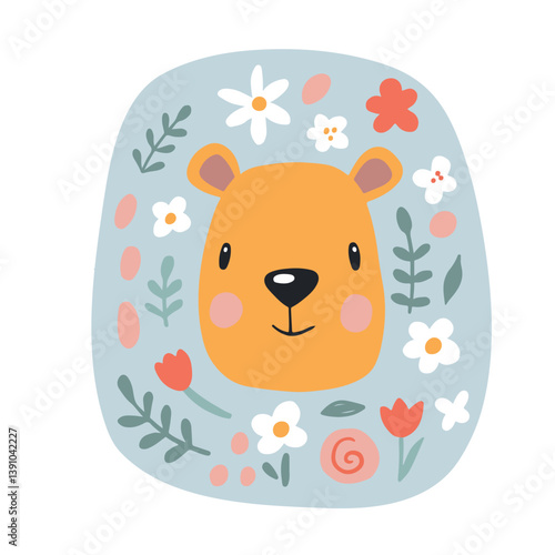 Cute lion with flowers. Modern vector illustration. Jungle life clipart. Vector illustration. Funny doodle animals.