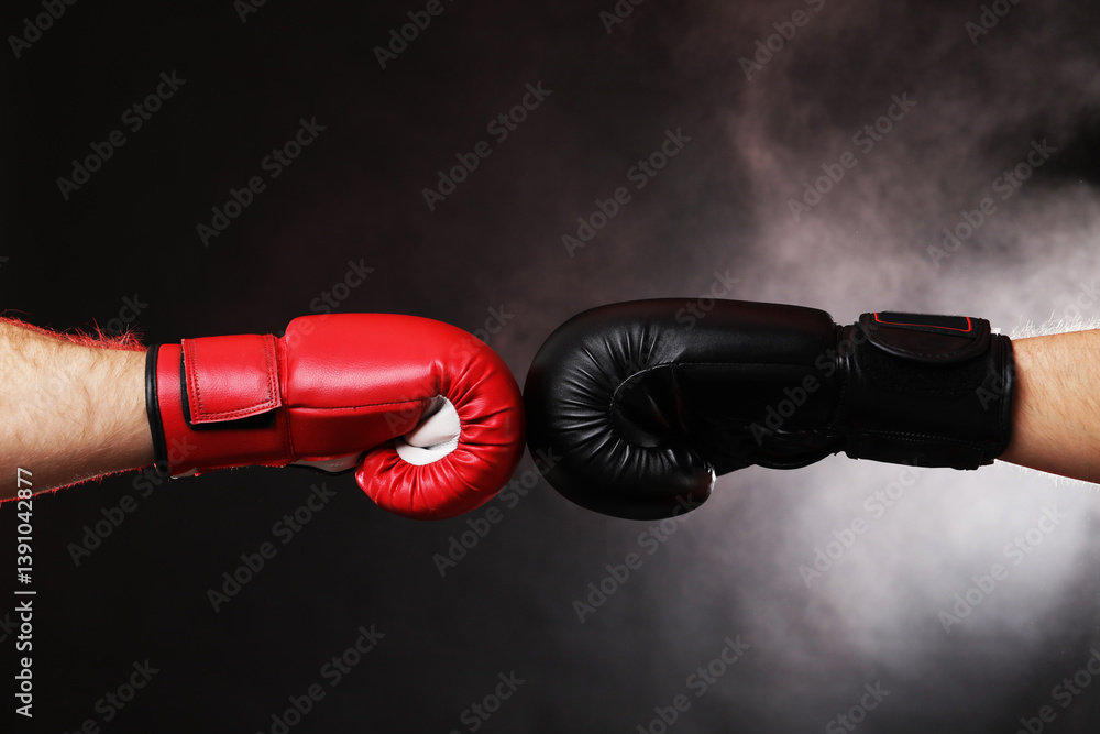 Men in boxing gloves fighting on dark background with smoke, closeup