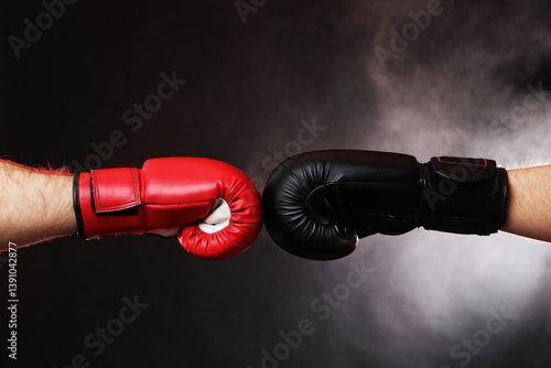 Obraz na płótnie Men in boxing gloves fighting on dark background with smoke, closeup w salonie