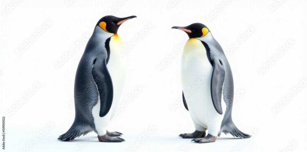 Fototapeta premium Two penguins, one slightly larger, facing different directions on a pure white backdrop , duo, isolated, size