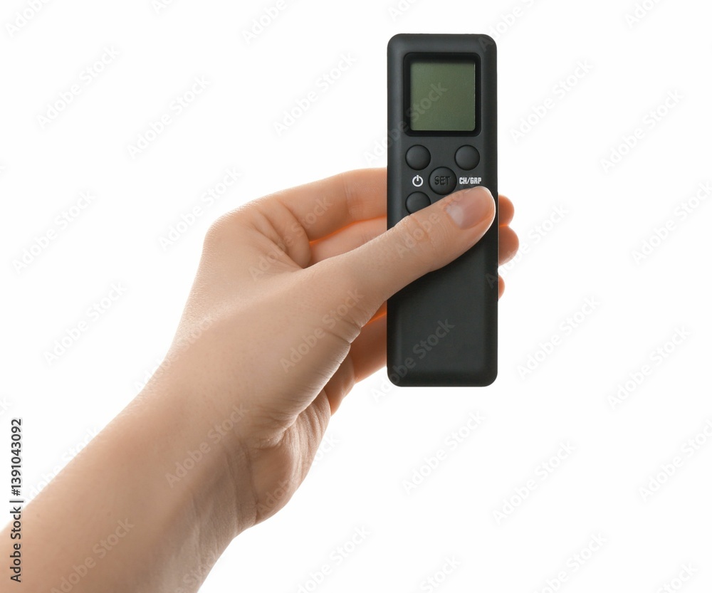 Woman with air conditioner remote control on white background, closeup Woman with air conditioner remote control on white background, closeup