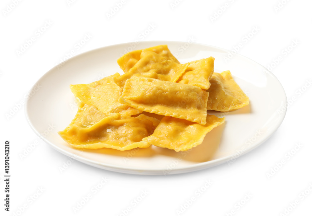 Delicious ravioli on plate against white background Delicious ravioli on plate against white background