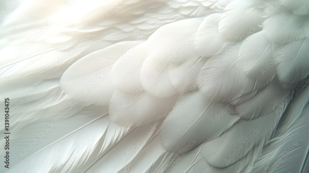 Fototapeta premium Soft white bird wing feathers, sunlight, close-up, background blur, design texture