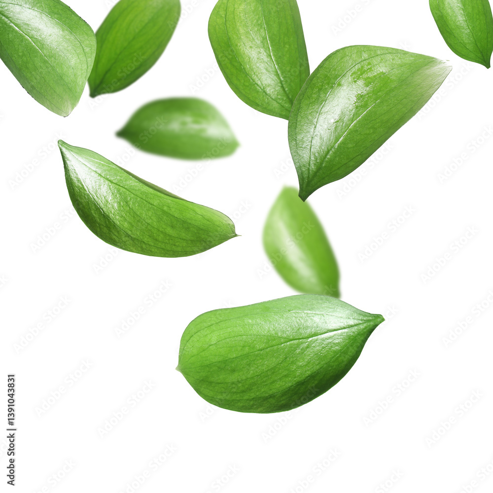 Naklejka premium Many fresh green leaves flying on white background