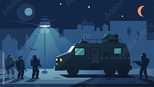 Night Operation An illustration depicting the armored vehicle under a night sky its headlights illuminating a street with the team inside preparing equipment and weapons.