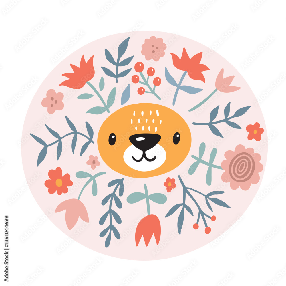 Cute lion with flowers. Modern vector illustration. Jungle life clipart. Vector illustration. Funny doodle animals.