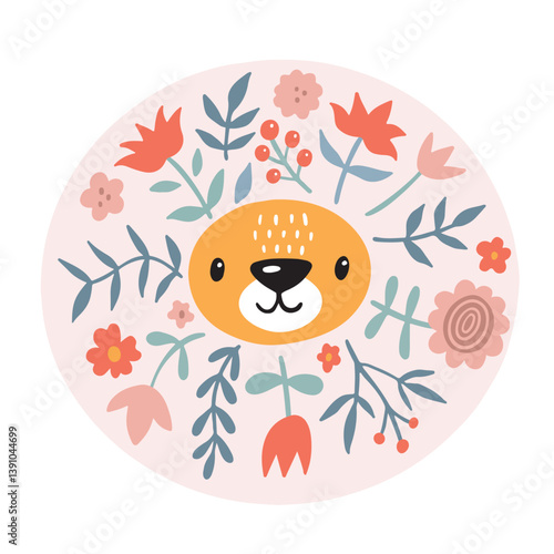 Obraz na płótnie Cute lion with flowers. Modern vector illustration. Jungle life clipart. Vector illustration. Funny doodle animals. w salonie