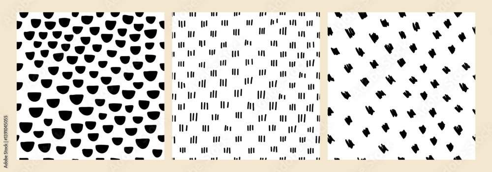 Set of hand drawn seamless black and white abstract patterns with brush strokes, stripes, and dashes. Modern minimalistic textures, perfect for fabrics, wallpapers, packaging, graphic design projects