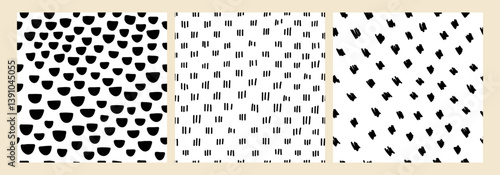 Obraz na płótnie Set of hand drawn seamless black and white abstract patterns with brush strokes, stripes, and dashes. Modern minimalistic textures, perfect for fabrics, wallpapers, packaging, graphic design projects w salonie