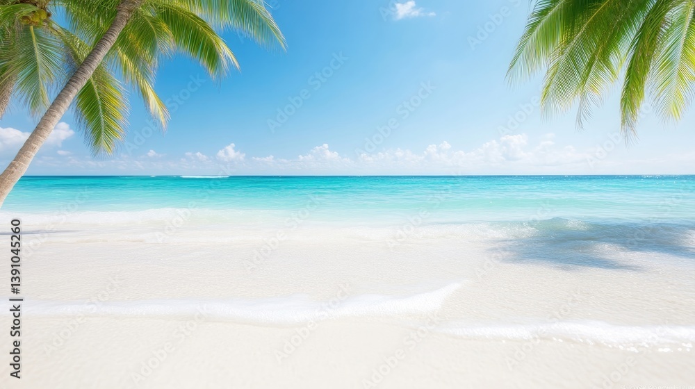 Obraz premium Tropical beach paradise, sun-kissed sands and turquoise waters, palm trees sway gently