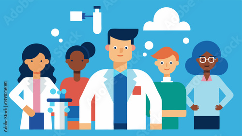 Diverse Group of Scientists A group of scientists in a lab setting where the majority are male figures and only one female figure is present representing the gender imbalance in