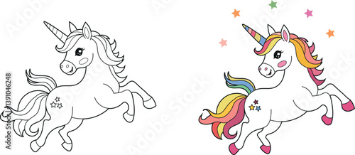 Illustration of a cute baby unicorn cartoon character. Black and white Printable Unicorn coloring page for kids, Bold and Easy Coloring Sheet
