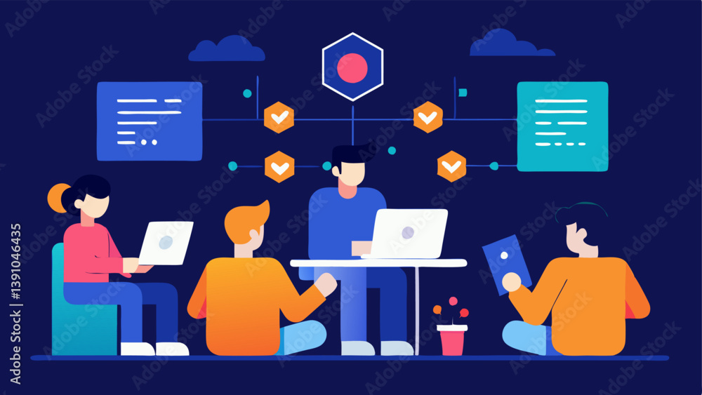 Collaborative Workspace A group of developers gathered around a large digital screen displaying blockchain architecture discussing code and ideas with laptops and notepads tered Collaborative Workspace A group of developers gathered around a large digital screen displaying blockchain architecture discussing code and ideas with laptops and notepads tered