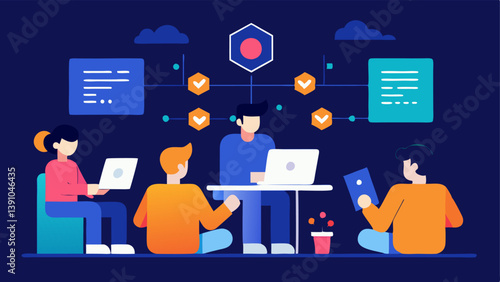 Collaborative Workspace A group of developers gathered around a large digital screen displaying blockchain architecture discussing code and ideas with laptops and notepads tered