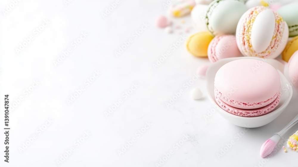 Obraz premium Pastel macarons stacked on a white surface, soft focus with a clean and minimalistic composition, and showcasing delicate French pastries.
