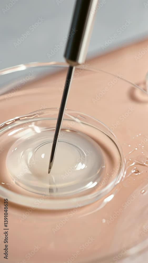 Precision moment in laboratory as a needle punctures a droplet of clear liquid on a glass surface Precision moment in laboratory as a needle punctures a droplet of clear liquid on a glass surface