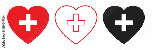 Cross plus heart medical logo icon design template elements. First aid icon in heart outline