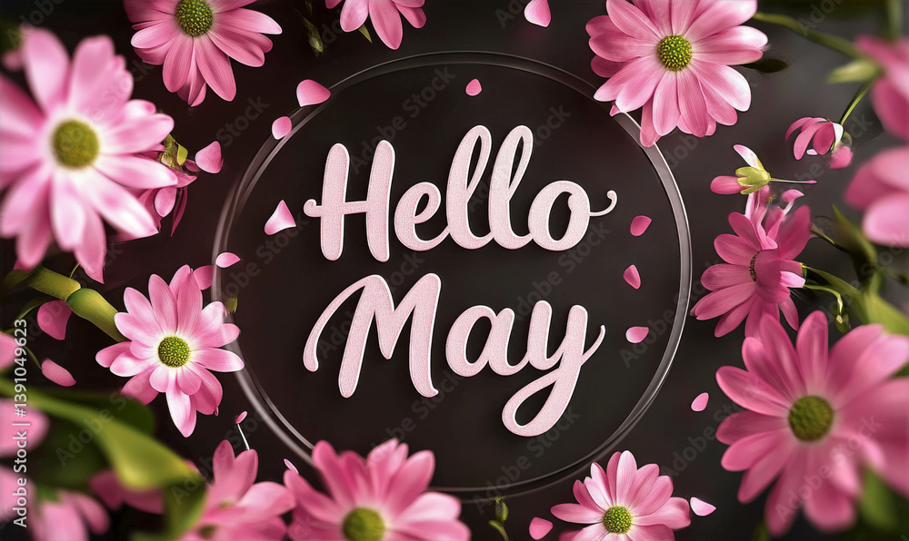 Vibrant pink flowers surround a cheerful greeting that says Hello May, celebrating the arrival of spring and the beauty of nature, floral decoration concept Vibrant pink flowers surround a cheerful greeting that says Hello May, celebrating the arrival of spring and the beauty of nature, floral decoration concept