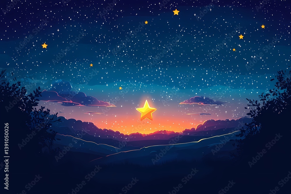 Obraz premium Enchanting Starry Night Sky: Evening Landscape Digital Art of Tranquil Twilight Horizon with Mountains and Bright Stars
