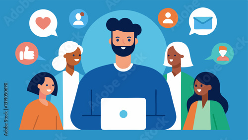 Community Building An illustration showing the strategist interacting with a group of diverse online users emphasizing community engagement and brand loyalty.