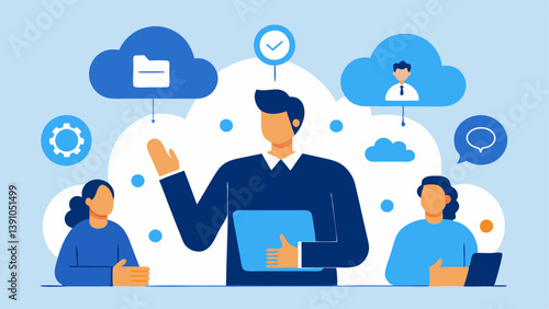 Cloud Storage Solutions A telework facilitator explaining the benefits of cloud storage to a small group of employees with visuals of cloud icons and data security symbols around.