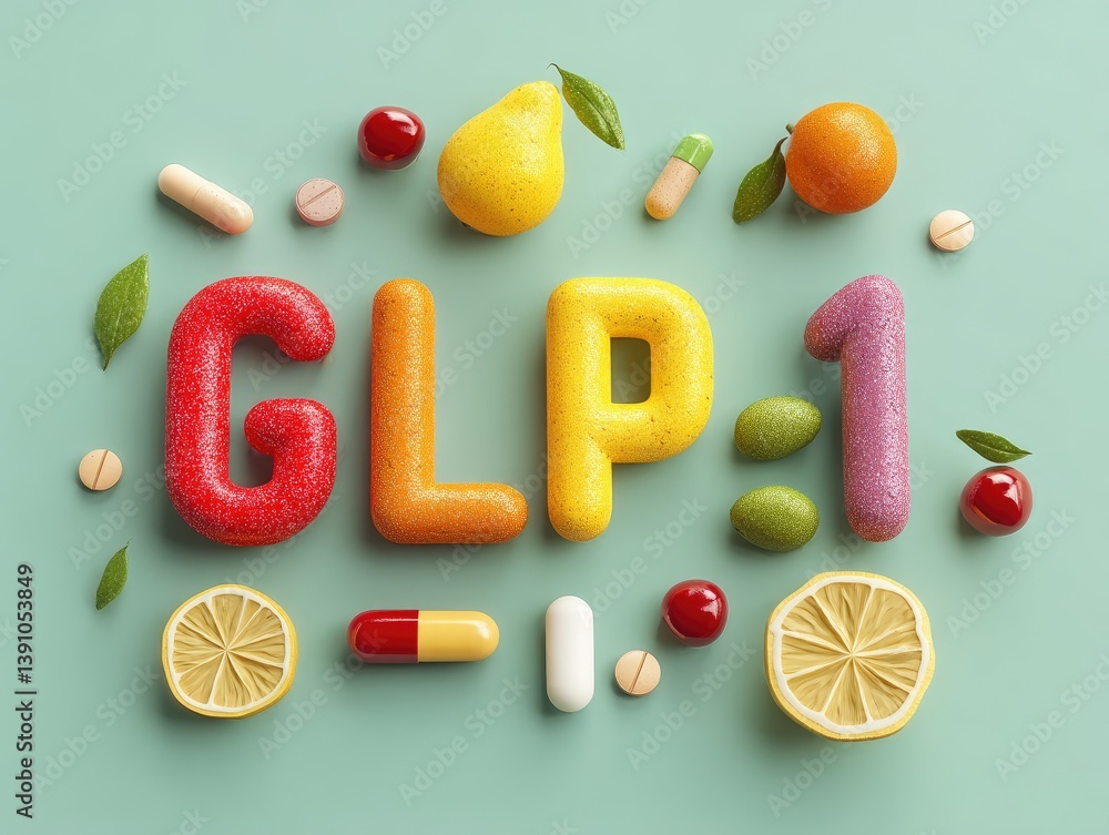 Colorful GLP-1 Medication with Healthy Foods. Colorful letters spelling GLP-1 surrounded by fruits, vegetables, and pills. A visual representation of a healthy approach to managing GLP-1