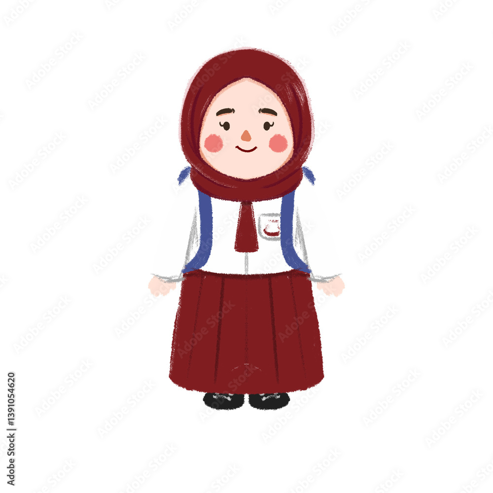 Smiling Girl in Maroon School Uniform and Hijab, Cute Cartoon Illustration Smiling Girl in Maroon School Uniform and Hijab, Cute Cartoon Illustration