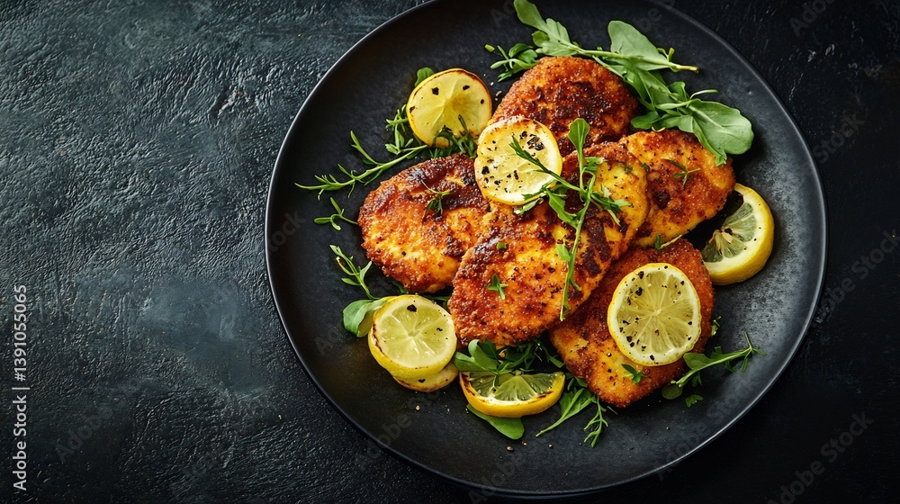 Plate of savory Austrian schnitzel from Europe with a crispy breaded cutlet and lemon garnish styled in a dynamic high resolution gourmet food photography scene Plate of savory Austrian schnitzel from Europe with a crispy breaded cutlet and lemon garnish styled in a dynamic high resolution gourmet food photography scene