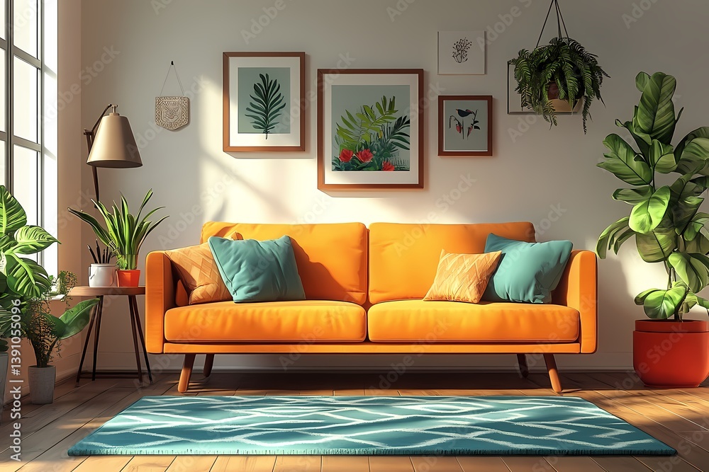 Fototapeta premium Modern Living Room Sofa with Plush Cushions in a Vibrant and Cozy Interior Design Setting