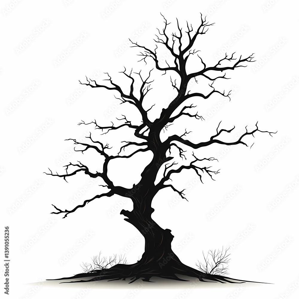 Obraz premium Abstract Dead Tree Silhouette: Mystical Nature Illustration with Leafless Branches and Eco-Friendly Fine Art Design