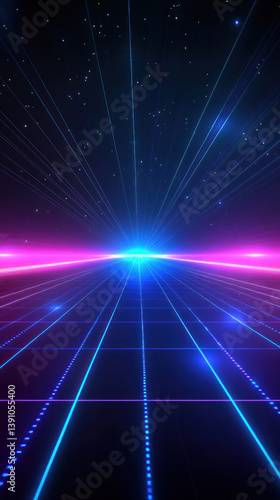 A blue and pink lighted background with a white star in the middle. The background is a grid of blue and pink lights