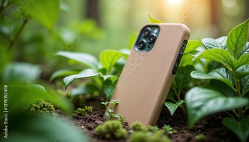 Compostable phone case standing in green garden soil