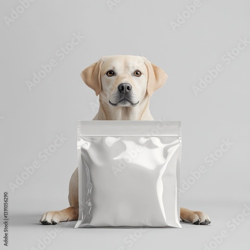 Dog holding a blank food pouch
