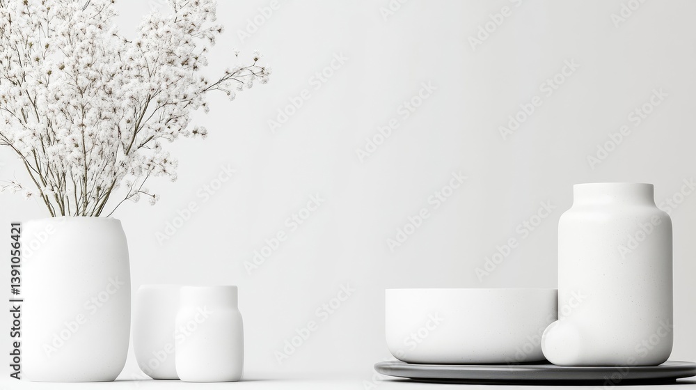 White Vases Dried Flowers Minimalist Style High-key Lighting Centered Still Life Smooth Textures Home Decor Arrangement Neutral White Background Perfect for Interior Design White Vases Dried Flowers Minimalist Style High-key Lighting Centered Still Life Smooth Textures Home Decor Arrangement Neutral White Background Perfect for Interior Design