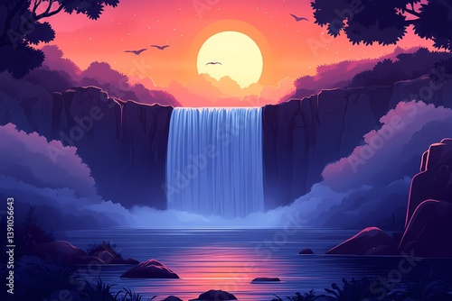 Serene Sunset Waterfall. Tranquil Digital Art Illuminates Tropical Scenic Beauty