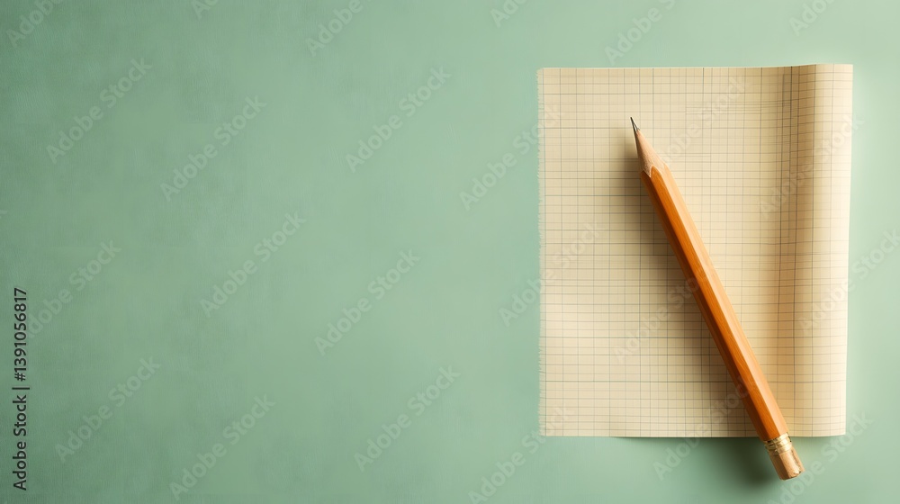 Pencil on lined paper against a green background simple flat lay composition. Pencil on lined paper against a green background simple flat lay composition.