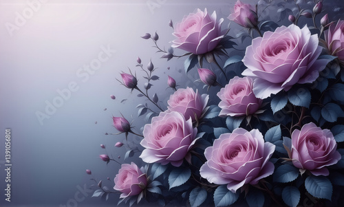 Wallpaper Mural Elegant pink roses and blue leaves create a lovely floral display. Soft gradient backdrop enhances the gentle beauty of the blooming flowers. Torontodigital.ca