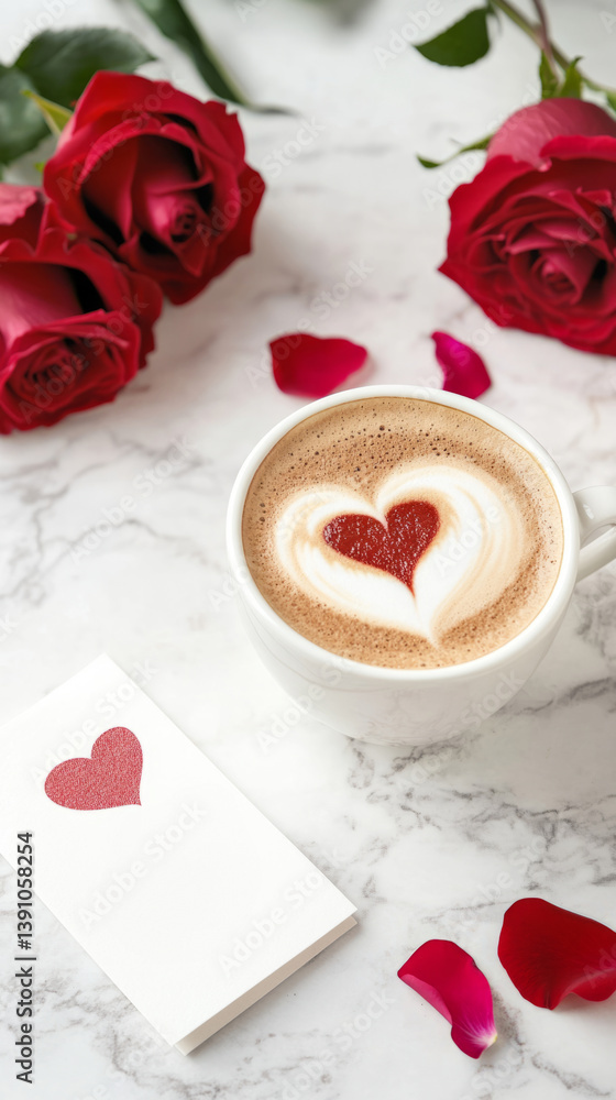 Heart-latte art with red roses on marble surface for romantic morning Heart-latte art with red roses on marble surface for romantic morning