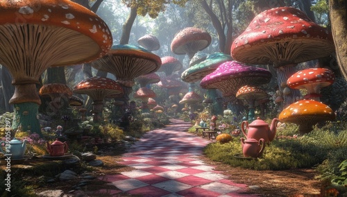 Enchanting mushroom path through a whimsical forest