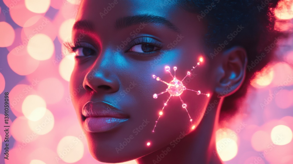 Woman's face, glowing bokeh background, futuristic skincare, beauty treatment Woman's face, glowing bokeh background, futuristic skincare, beauty treatment