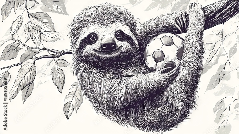 Fototapeta premium Cheerful Sloth Holding Soccer Ball in a Black and White Illustration